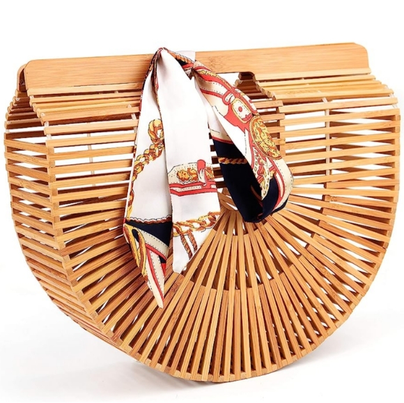 Bamboo Pool Tote Beach Bag Tan Brown Woven Wood Wicker Hippie Purse Bohemian - Picture 4 of 10